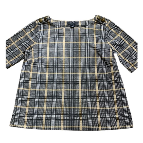 RW&Co Woven Plaid Blouse With Military Shoulder Detail & Crop Sleeves Grey Sz XS - Picture 4 of 9